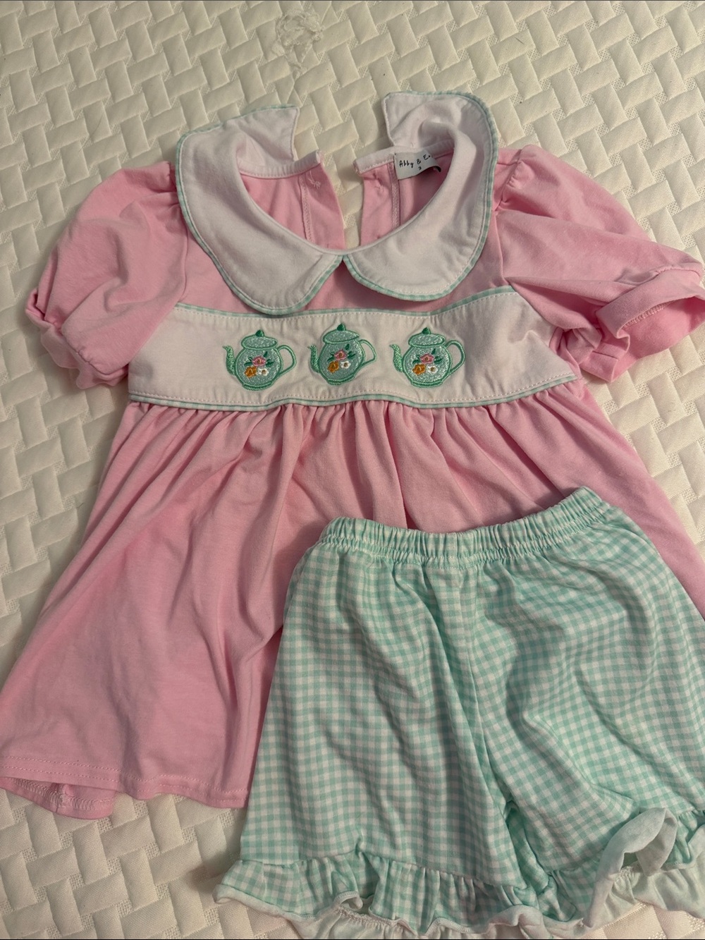 Pink Peter Pan Collar Baby Two-Piece Set with Mint Teapot Embroidery